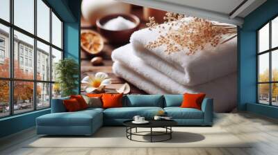 Close up of clean white towels folded on wooden table in massage spa salon Wall mural