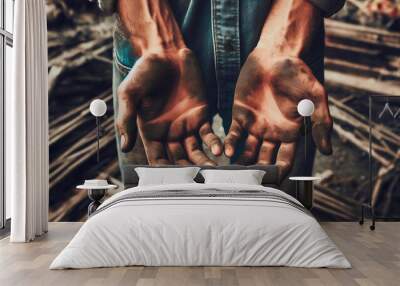 Close-up of dirty hands of worker after hard day's work Wall mural