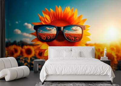 Close-up sunflower wearing black sunglasses with blue sky background. Summer background Wall mural