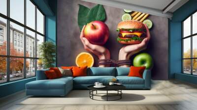 Comparison: one hand holds an apple, the other hand opposite holds a hamburger. Concept healthy natural organic fresh vegetarian food vs unhealthy processed fast food meat food. Healthy eating, diet l Wall mural