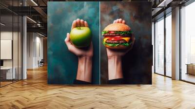 Comparison: one hand holds an apple, the other hand opposite holds a hamburger. Concept healthy natural organic fresh vegetarian food vs unhealthy processed fast food meat food. Healthy eating Wall mural