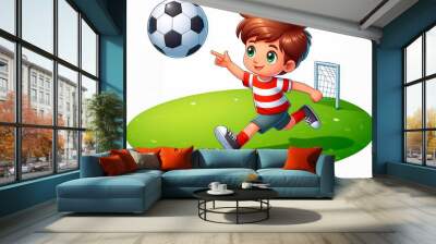 Illustration of a boy playing football with a soccer ball, isolated on a white background Wall mural