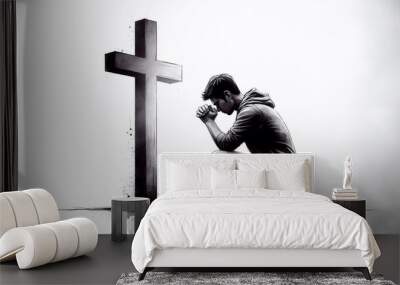 Man kneeling and praying in front of the cross. Digital watercolor painting Wall mural