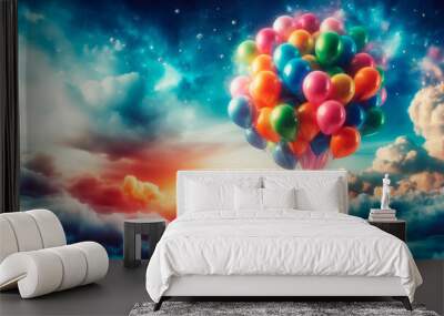 Multicolored balloons against the background of sky and clouds Wall mural