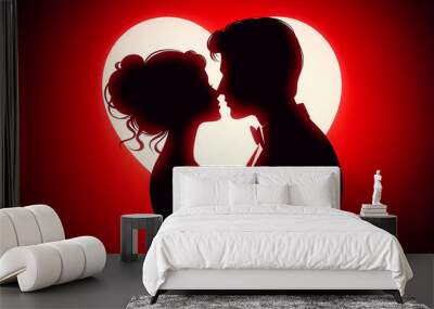 Silhouette of kissing couple on red heart background, romantic background. Concept of love man and woman, relationship romance, Valentine's day, date, passion, husband wife, honeymoon, greeting card Wall mural