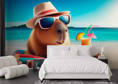 Stylish capybara in sunglasses is relaxing Wall mural