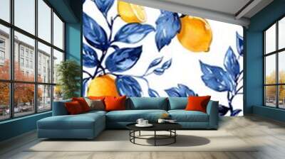 A seamless pattern of lemons and leaves Wall mural