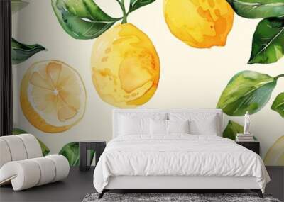 A seamless pattern of watercolor lemons and leaves Wall mural