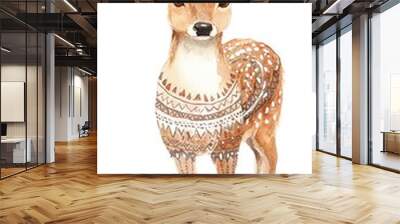 Boho Christmas deer clipart, with tribal-patterned fur, watercolor illustration, earthy tones, isolated on white background Wall mural