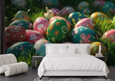 Colorful Easter eggs decorated with various patterns lying on green grass, creating a festive and cheerful springtime atmosphere. Wall mural