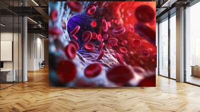 Detailed visualization of blood cells flowing through a human blood vessel, showcasing the complexity of the circulatory system. Wall mural