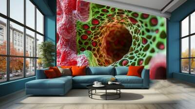 Intricate close-up of colorful coral structure, showcasing vibrant patterns and textures in a natural marine environment. Wall mural