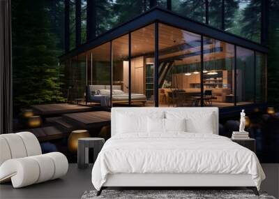  Modern cabin house in deep forest
 Wall mural