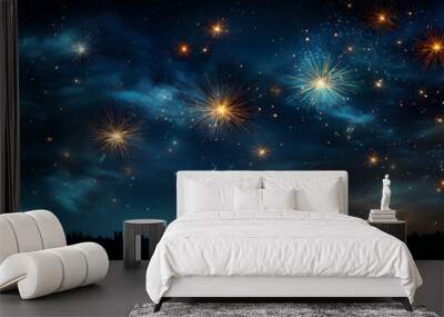  New Year's Eve fireworks on rustic dark blue night sky texture Wall mural