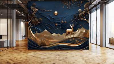 3d modern art mural wallpaper with dark blue and golden wave background. mountains, golden deer and birds. gold on a dark blue backdrop background
 Wall mural