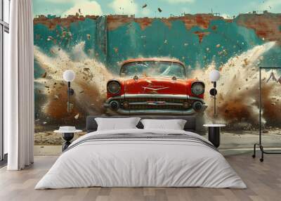 3d wallpaper design with a classic car  driving through a broken wall Wall mural