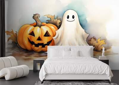 A cute little ghost on Halloween, orange pumpkins, Watercolor illustration
 Wall mural