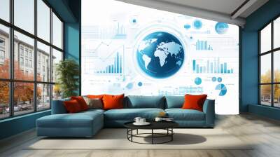 A digital infographic with a globe, graphs, and statistical data representing global financial trends, displayed on a light blue and white background Wall mural