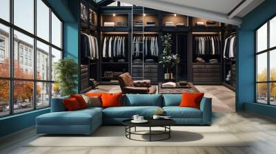 a photo of a interior of a luxury male wardrobe full of expensive suits, shoes and other clothes.
 Wall mural