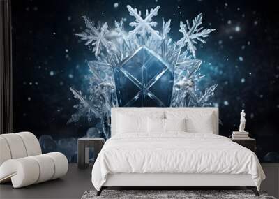 A throne made of ice with large snowflakes in the center and on the sides, dark background 
 Wall mural