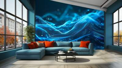 Abstract blue tech background with digital waves, network system with artificial neural connections and cyber quantum computing Wall mural