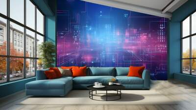 Abstract digital technology futuristic circuit blue pink background, Cyber science tech, Innovation communication future, Ai big data, internet network connection
 Wall mural