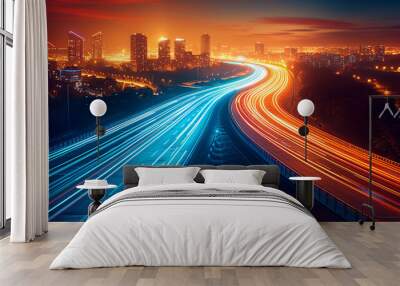 Abstract light background City road light, night highway lights, traffic with highway road motion lights, long exposure Wall mural