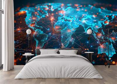 Abstract world map, concept of global network and connectivity, international data transfer and cyber technology, worldwide business Wall mural