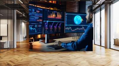 An analyst uses a computer and dashboard for data business analysis technology finance, operations, sales, marketing. Generative AI Wall mural