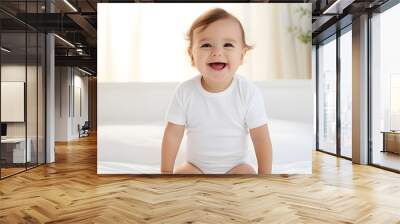 Baby wearing white shirt bodysuit mockup, at white bed background. Design onesie template, print presentation mock-up
 Wall mural