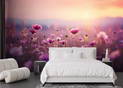 beautiful colorful meadow of wild flowers floral background, landscape with purple pink flowers with sunset and blurred background. Soft pastel Magical nature copy space
 Wall mural