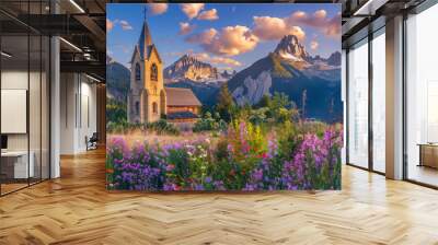 Beautiful mountain village with wooden church and flower garden in summer, Ch Strong golden hour light, colorful sky, french alps.  Wall mural