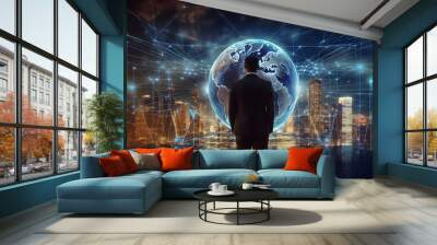 Businessman generating wireframe business global network connection on worldwide digital marketing customer data analytics. Globalization strategy and smart city technology virtual AI theme
 Wall mural