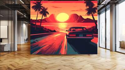 car on the beach at sunset Wall mural