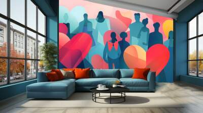 Charity illustration concept with abstract, diverse persons, hands and hearts.
 Wall mural