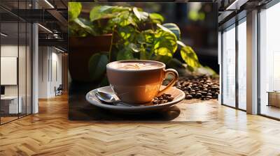 coffee cup and plant on table in the interior of a studio 
 Wall mural