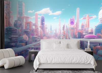 colorful pastel animation of futuristic city, cartoon style 
 Wall mural