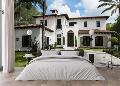 front view of beautiful modern white spanish style home with black windows and dark brown roof, paver driveway in florida during summer with trees, high resolution photography Wall mural