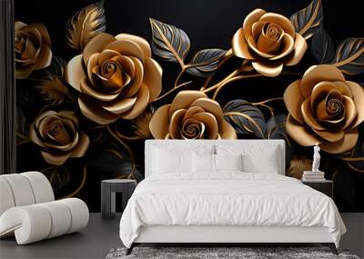 Golden roses on black background. Elegant golden roses flowers wall art
 Wall mural