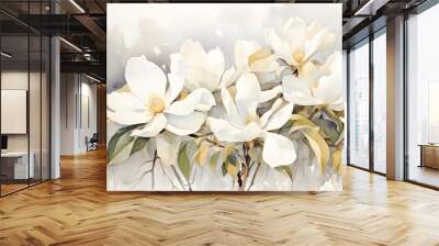 Golden white and gray flowers for wall canvas decor. White magnolia flower in watercolor
 Wall mural