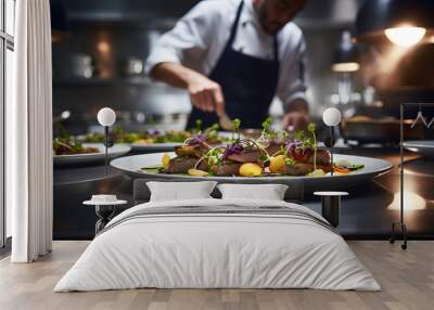 gourmet dish being prepared in a high-end restaurant kitchen
 Wall mural