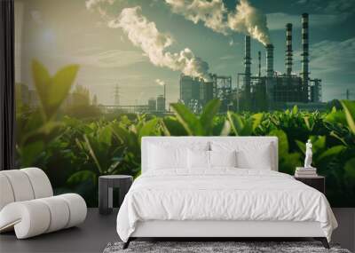 Green industry eco power for sustainable energy environmental friendly low carbon footprint. Green factory industry for good environment ozone air low carbon  Wall mural