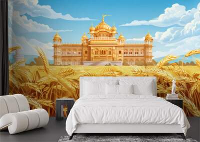 Happy baisakhi card illustration with golden temple. Wall mural