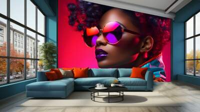 High fashion portrait of young african american woman, bright neon colors.
 Wall mural