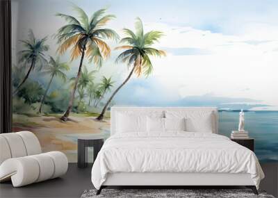 Holiday summer travel vacation illustration - Watercolor painting of palms, palm tree on teh beach with ocean sea, design for logo or t shirt, isolated on white background 
 Wall mural