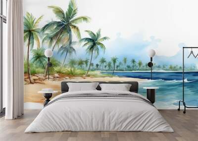 Holiday summer travel vacation illustration - Watercolor painting of palms, palm tree on teh beach with ocean sea, design for logo or t shirt, isolated on white background
 Wall mural