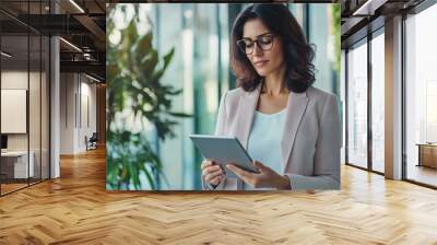 Latin Hispanic mature adult professional business woman looking at online trade app. European businesswoman CEO holding digital tablet using fintech tab application standing at workplace in office. Wall mural