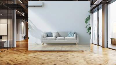 Modern living room interior with an air conditioner and sofa against a white wall, with plant pots, conveying a concept of summer home comfort. 3D rendered illustration of a modern air conditioning  Wall mural