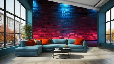 Neon light on brick walls that are not plastered background and texture. Lighting effect red and blue neon background
 Wall mural