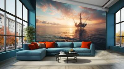 Offshore oil rig drilling platform at sunset. Oil and gas platforms north sea Wall mural